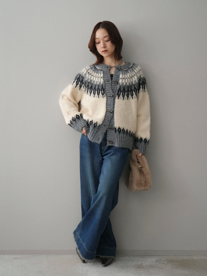 [SET]トグルボタン求心柄ニットカーディガン+裏起毛裾フリンジワイドデニムパンツ(2set)