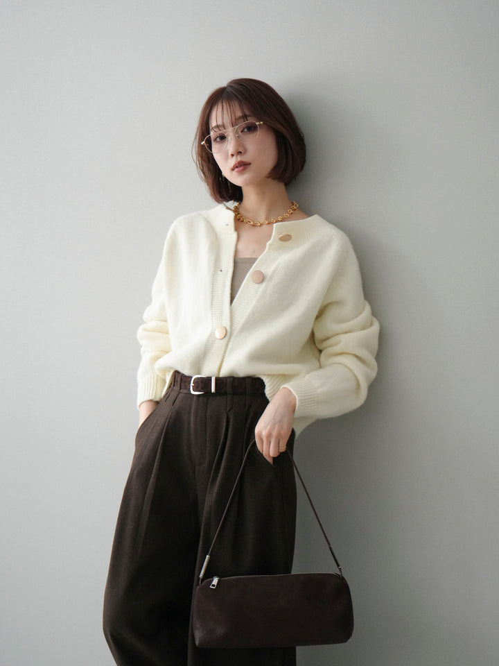 [SET]BIGボタンニットカーディガン+アニマル柄ベルト付きウールタッチワイドパンツ(2set)