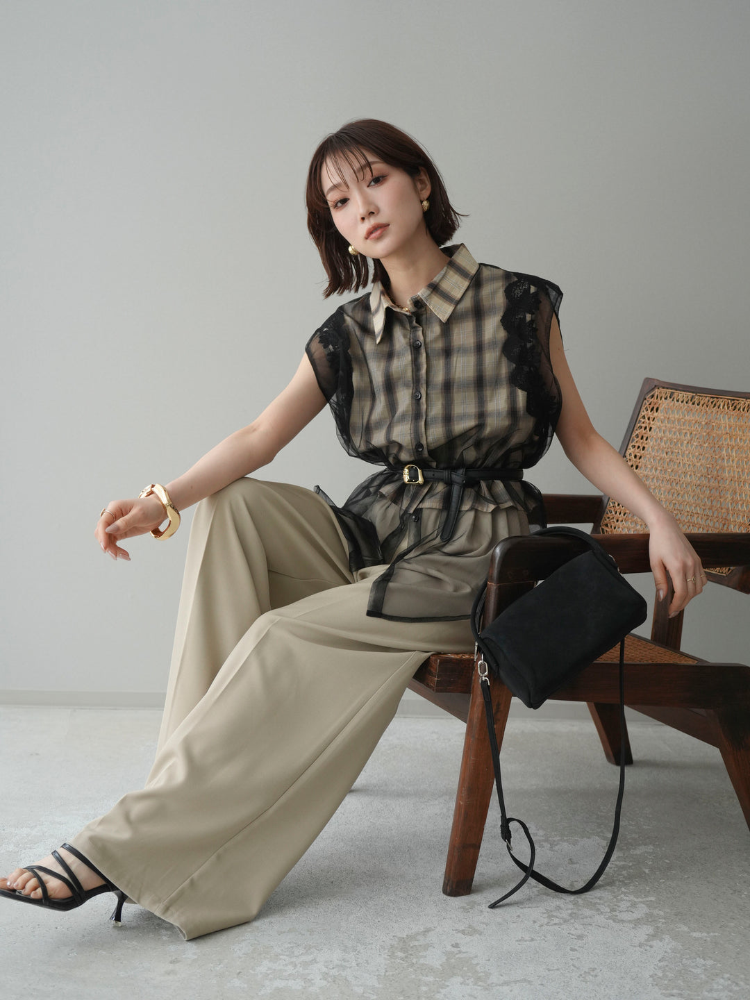 [予約]チュールドッキングチェックノースリブラウス/beige