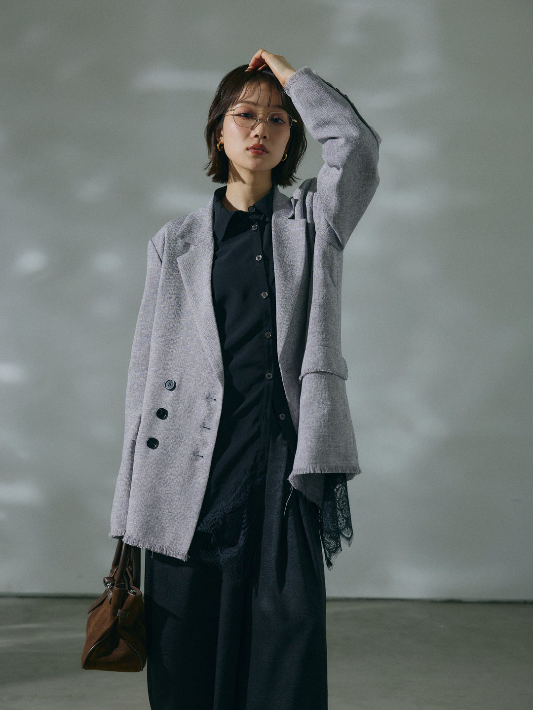 【Allure】[SET]スラブツイードフリンジテーラージャケット+裾レースポプリンシャツ(2set)