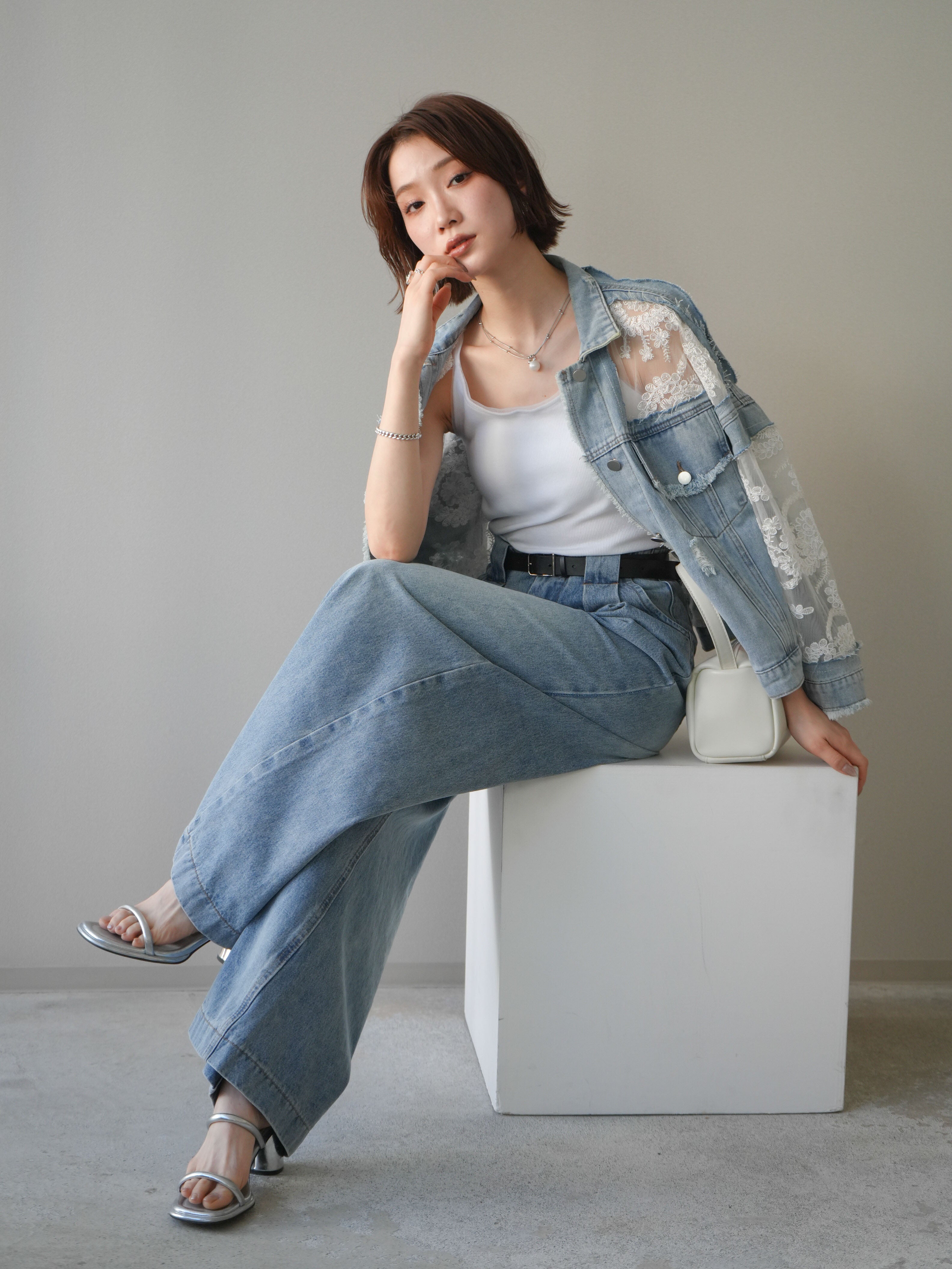 2023AW 美麗品　新品　デニムレースjacket 予約]レース切替デニムジャケット/lightblue – Lumier