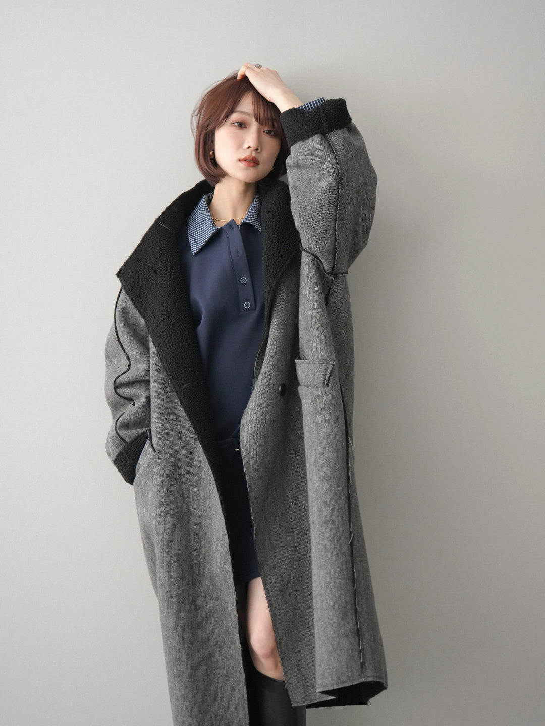 [SET]チェック襟xスエットミニワンピース+アウトシーム裏ボアコート(2set)