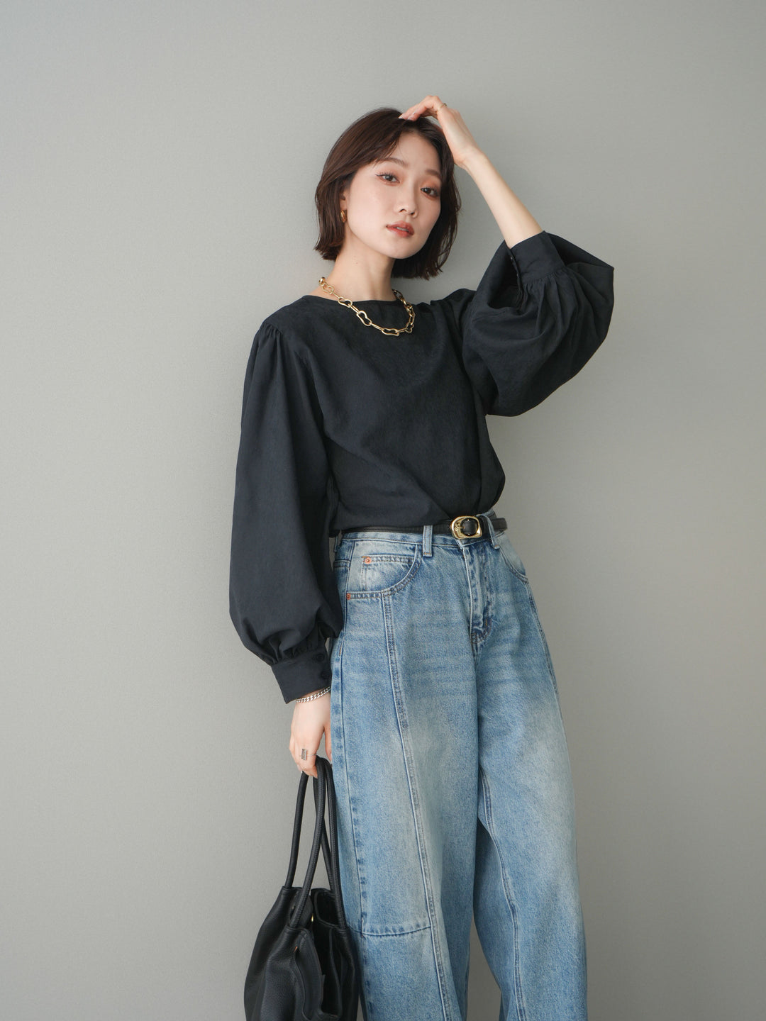 [予約]2WAYピーチスキンボリュームスリーブブラウス/black