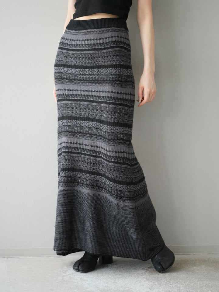 [予約]ガーター編みニットロングスカート/グレー×ブラック