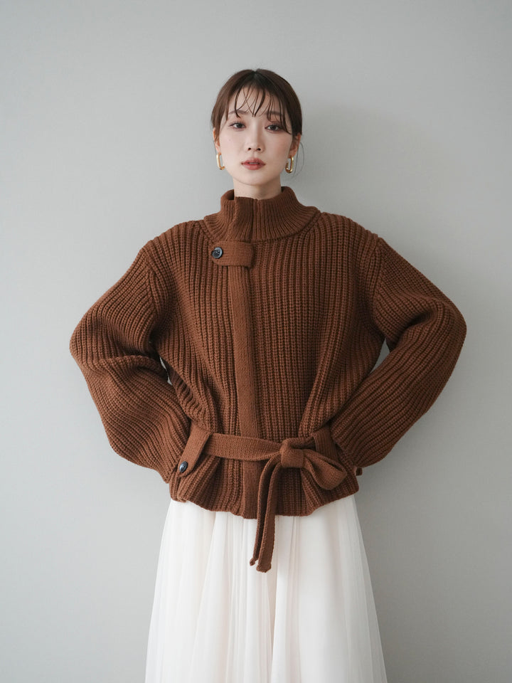 [予約]畦編みボトルネックZIPニットカーディガン/brown