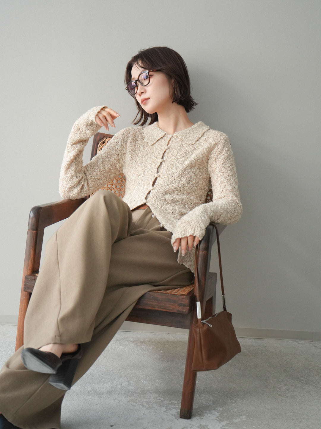 [予約]透かし編みブークレポロニットトップス/beige