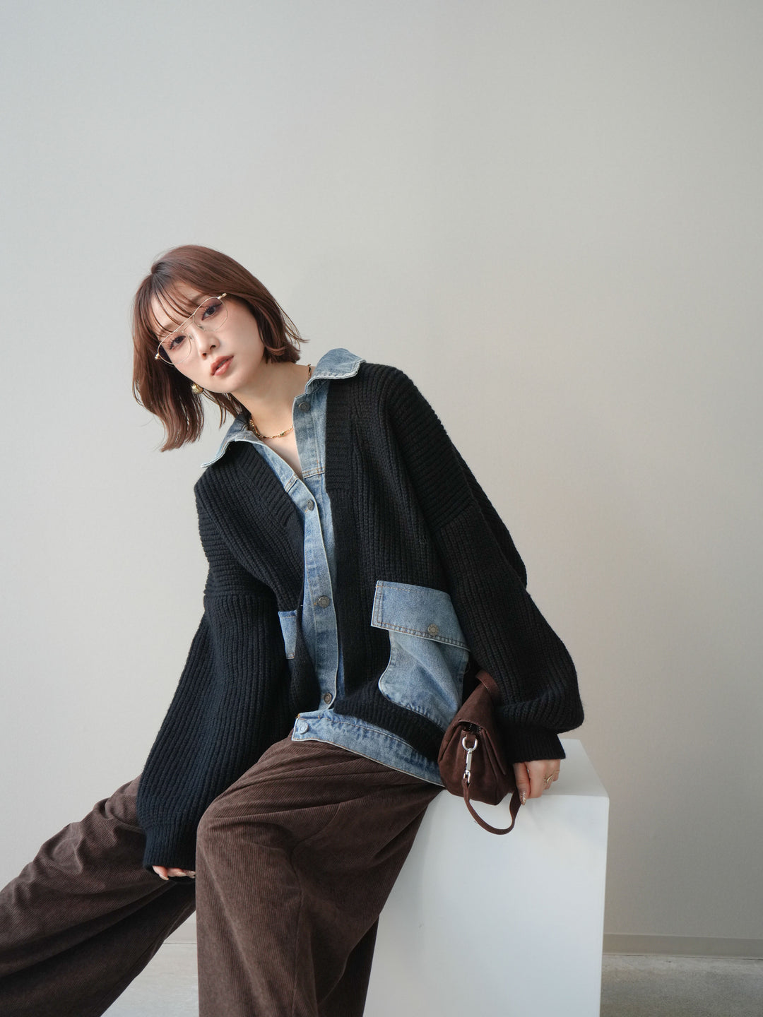 [SET]デニムドッキングオーバーニットジャケット+コーデュロイサイドタックコクーンパンツ(2set)