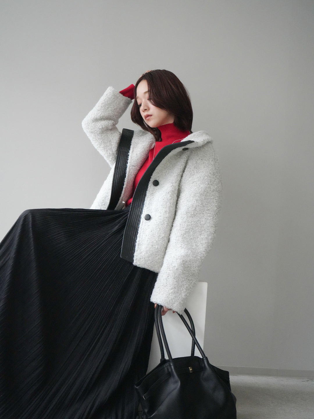 [SET]レザー切替ブークレブルゾン+袖ボタンボトルネックリブニットトップス+裾レーススウェードプリーツマキシスカート(3set)