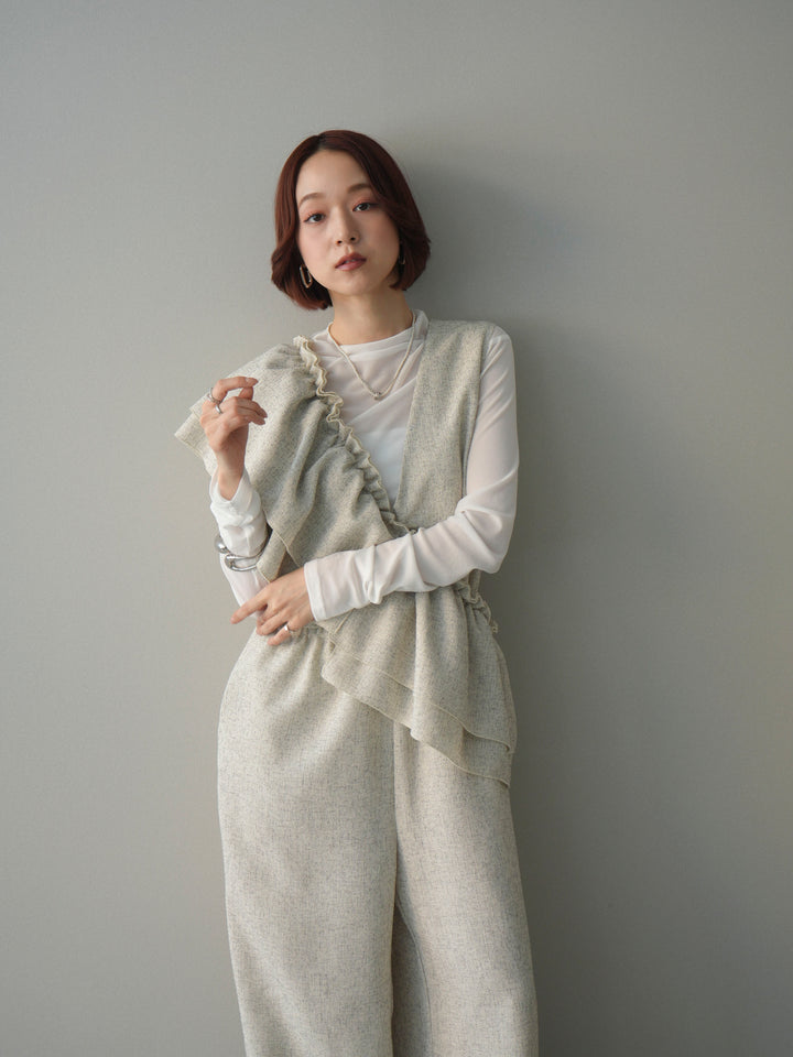 [SET]3WAYミックスツイードギャザーオールインワン+シアープチネックストレッチトップス(2set)