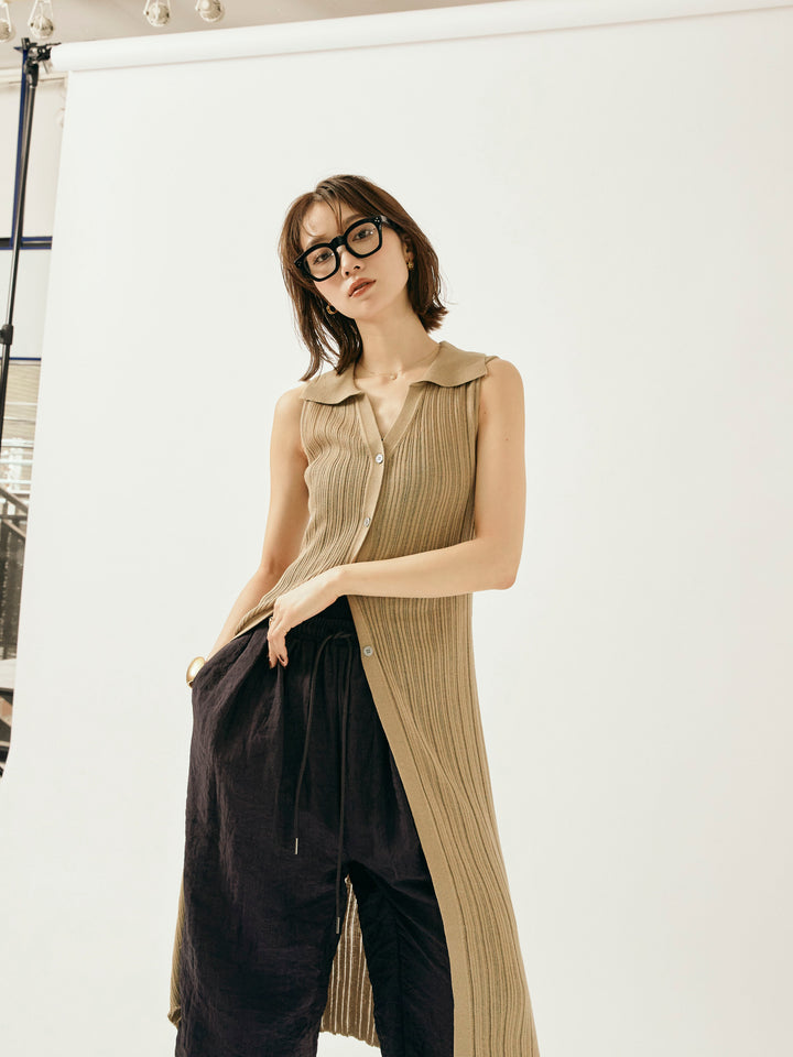 【Allure】[SET]襟付きランダムリブロングニットカーディガン+シャイニースラブシアーワイドパンツ(2set)