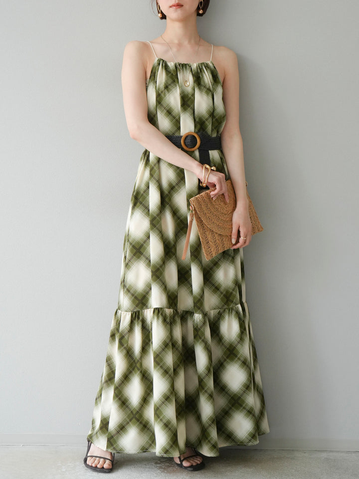 [SET] 繫腰帶格紋無袖連身裙 + 可選飾品套裝（2 套）