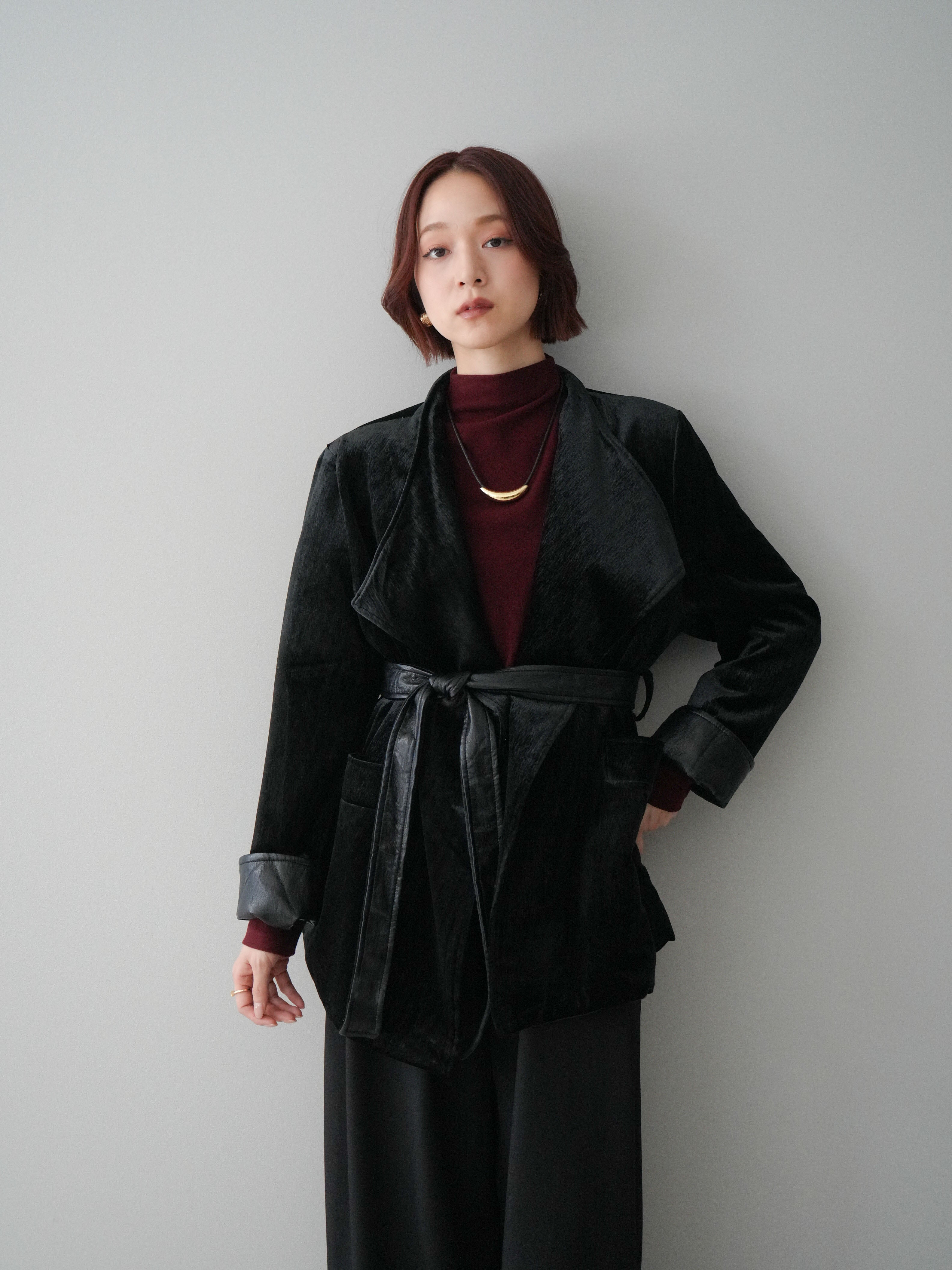 SET]ベロアガウンジャケット+ベルトループデザインワイドパンツ(2set