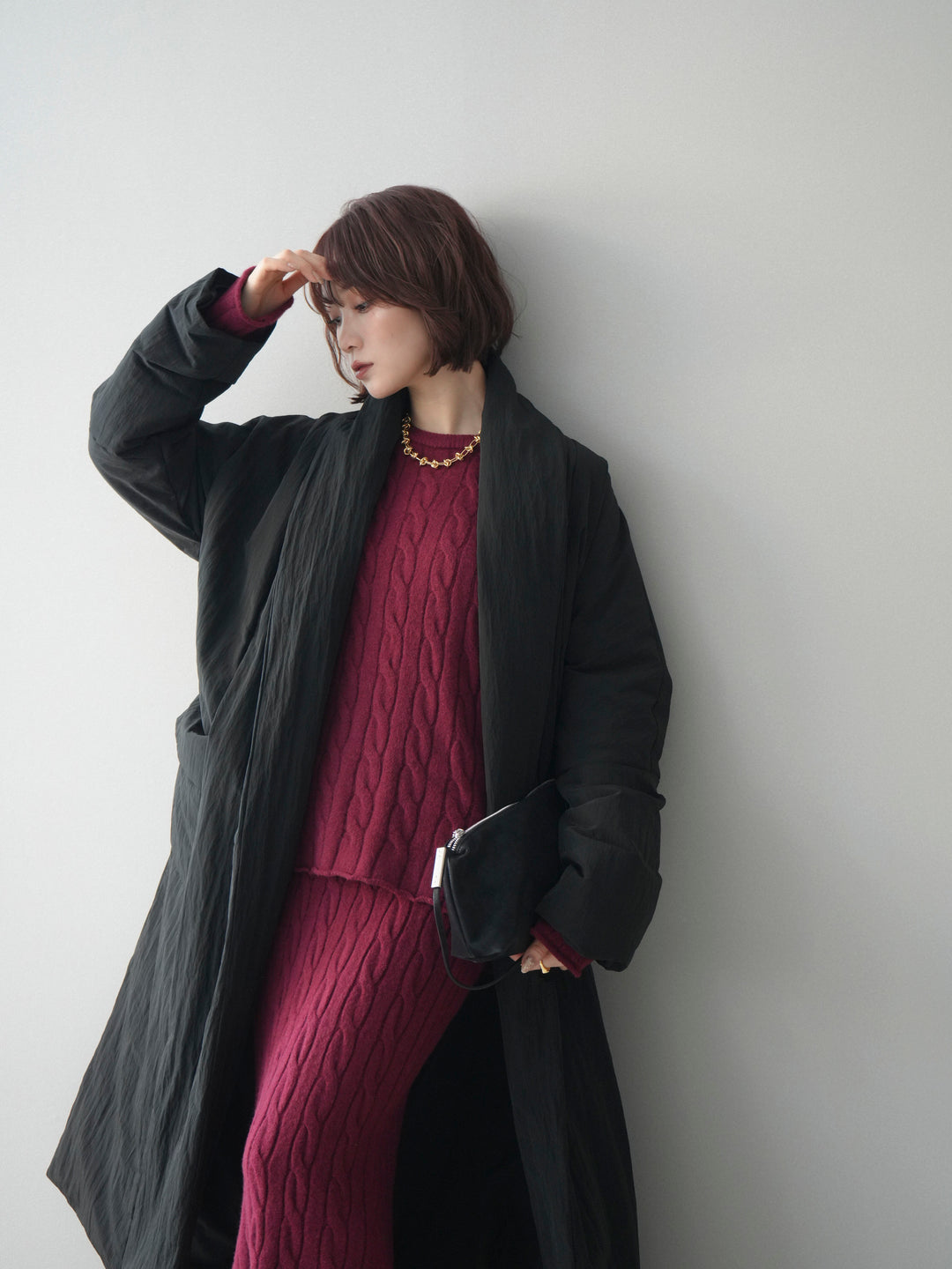 [SET]ストール付ケーブルニットプルオーバー&ロングスカートSET UP+ロングダウンコート(2set)