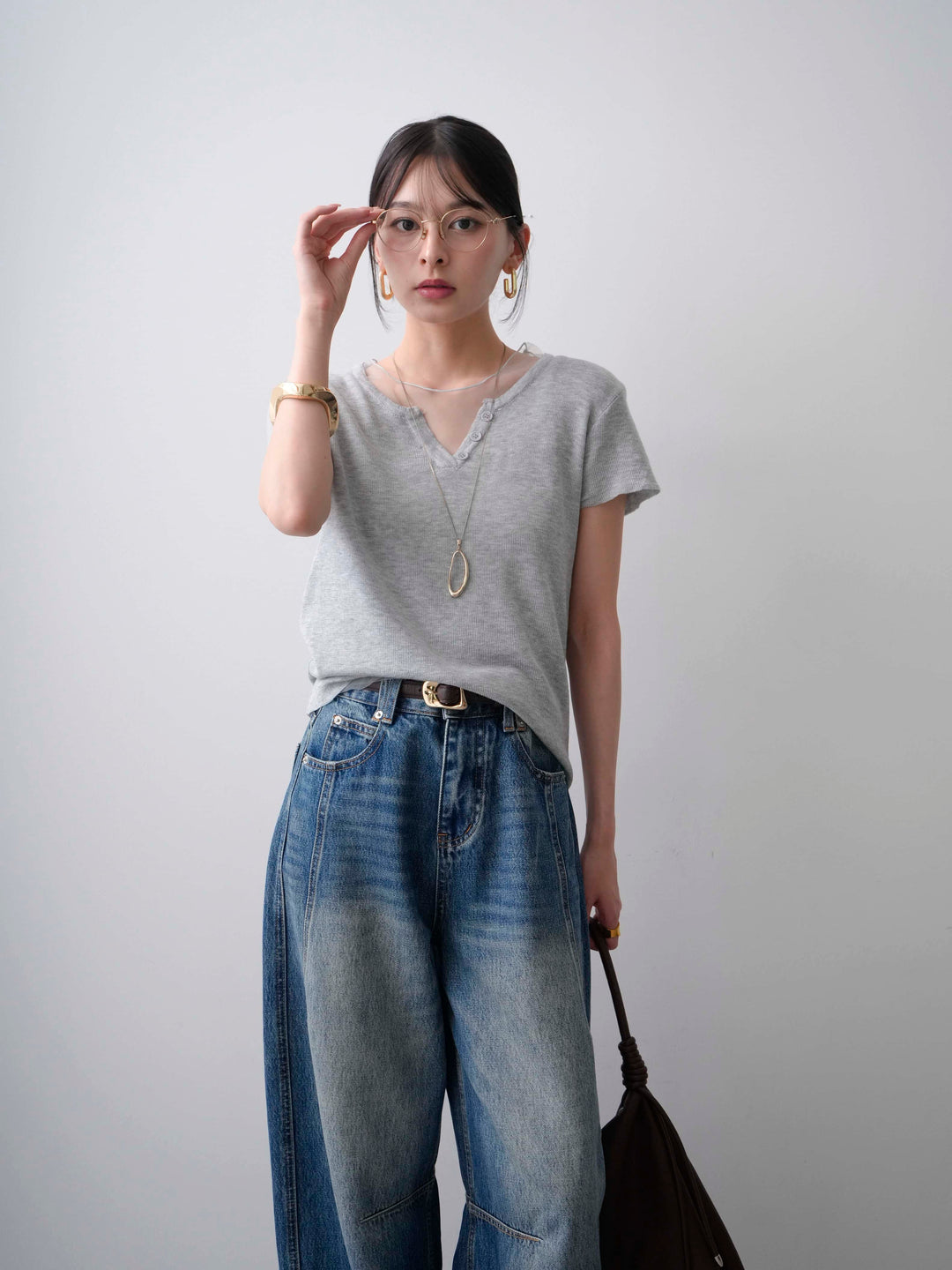 [SET]チュールレーヤードヘンリーフレンチニットトップス+立体カーブデニムパンツ(2set)