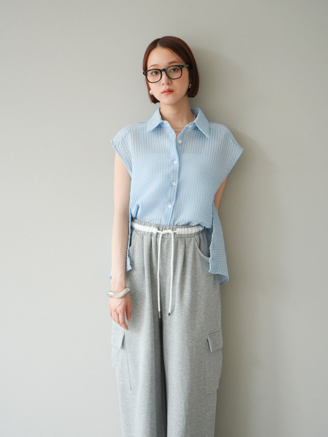 [SET]シアーチェックノースリーブシャツ+ウエストラインサイドポケットスウェットパンツ(2set)