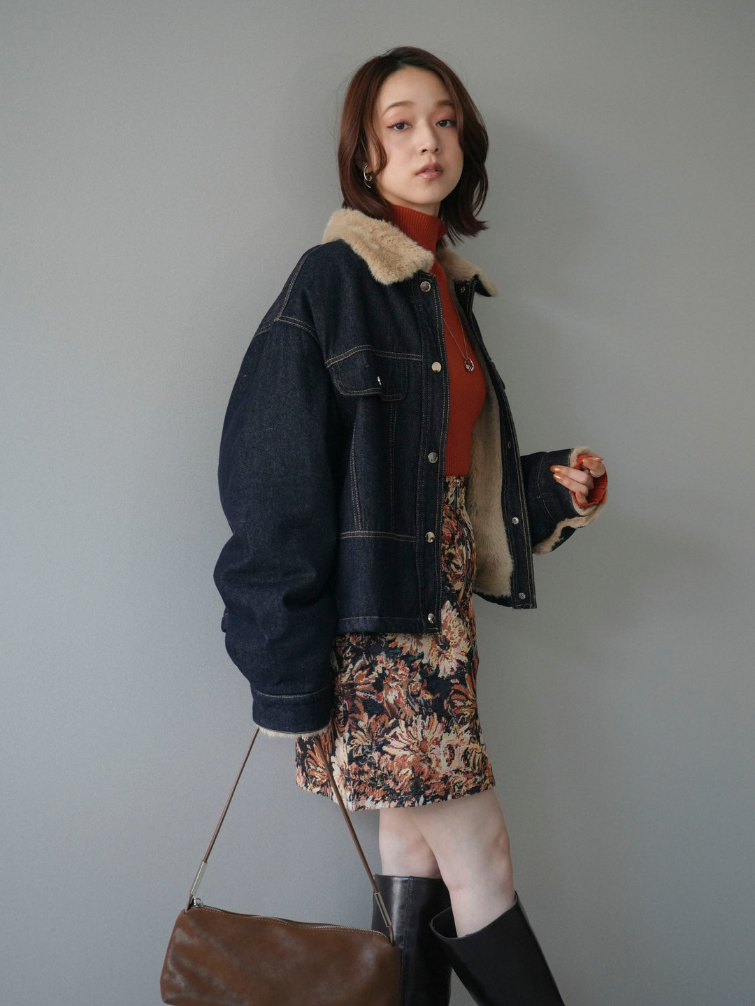 [予約]デニム×ファーステンカラーショートジャケット/indigo