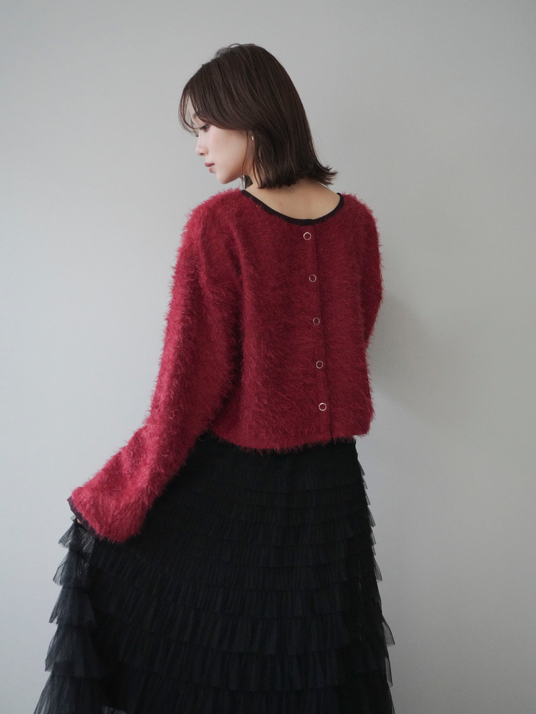 [予約]バイカラー2WAYシャギーニットカーディガン/red