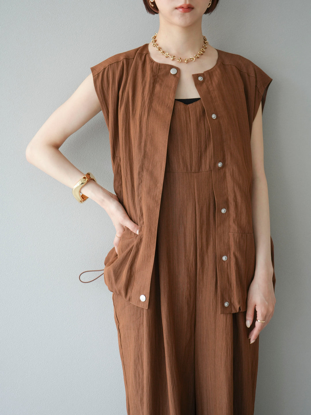 [SET]リネンライクビスチェデザインサロペット+リネンライクドロストバルーンブルゾン(2set)