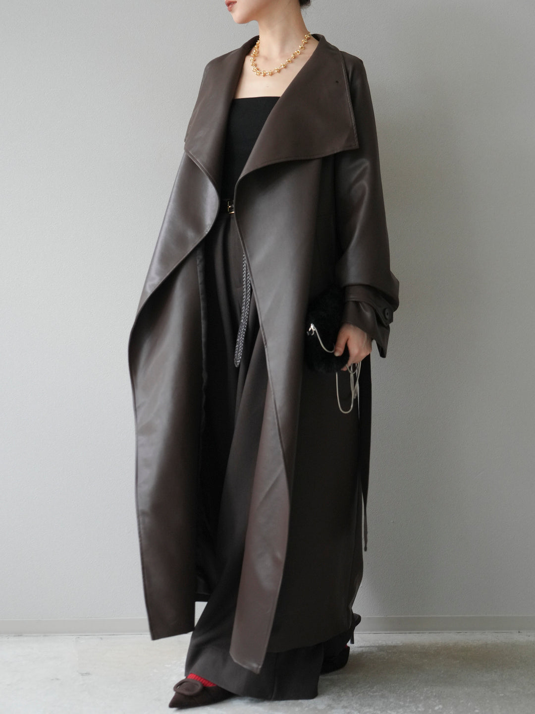 [予約]BIGカラーレザーロングコート/ブラウン