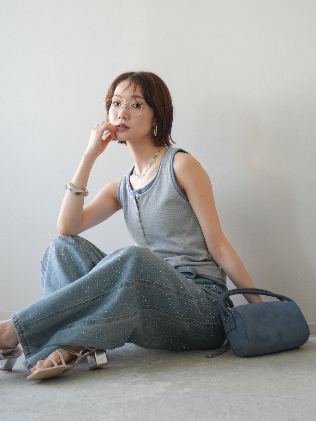 [SET]配色リブヘンリータンクトップ+ウエストベルトビジューワイドデニムパンツ(2set)