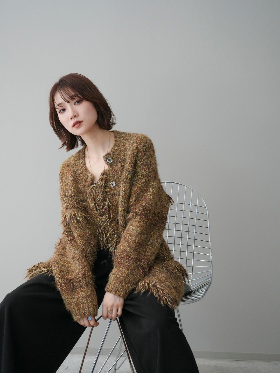 [予約]ミックスヤーンフリンジデザインニットジャケット/brown