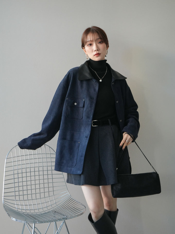 [SET]襟レザーステンカラースエードジャケット+袖ボタンボトルネックリブニットトップス+ベルト付きタックミニスカート(3set)