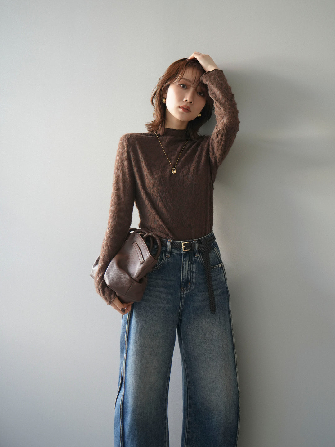 [予約]起毛レースプチネックトップス/brown