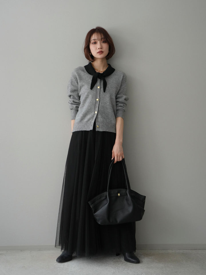 [SET]デザイン襟ニットカーディガン+チュールボリュームスカート(2set)