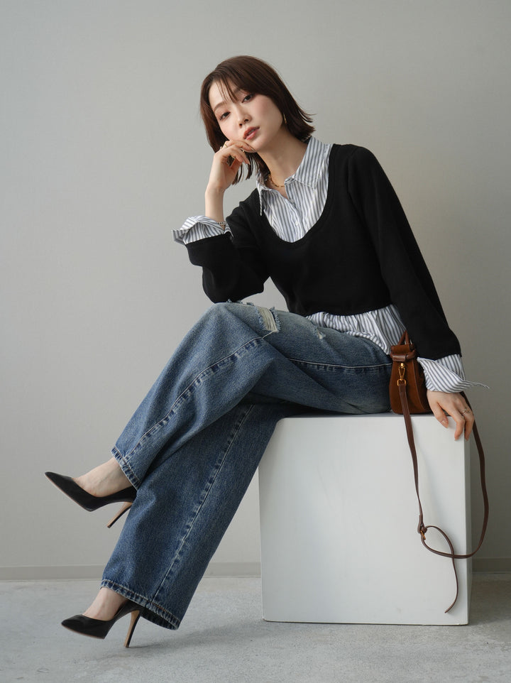 [予約]ストライプシャツUネックドッキングニットプルオーバー/blackoffstripe