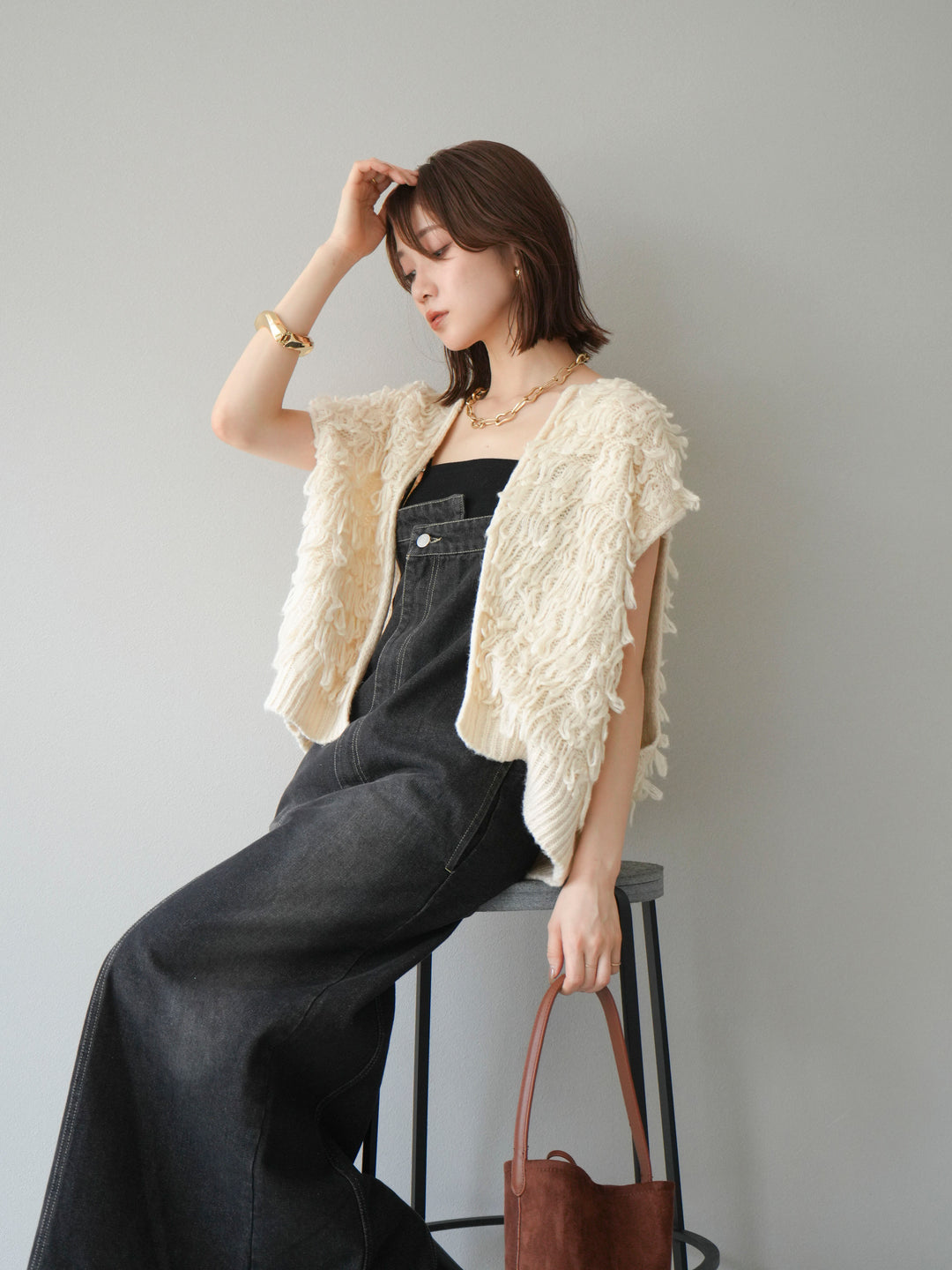 [SET]ループデザインベスト+アシンメトリーデニムワンピース(2set)