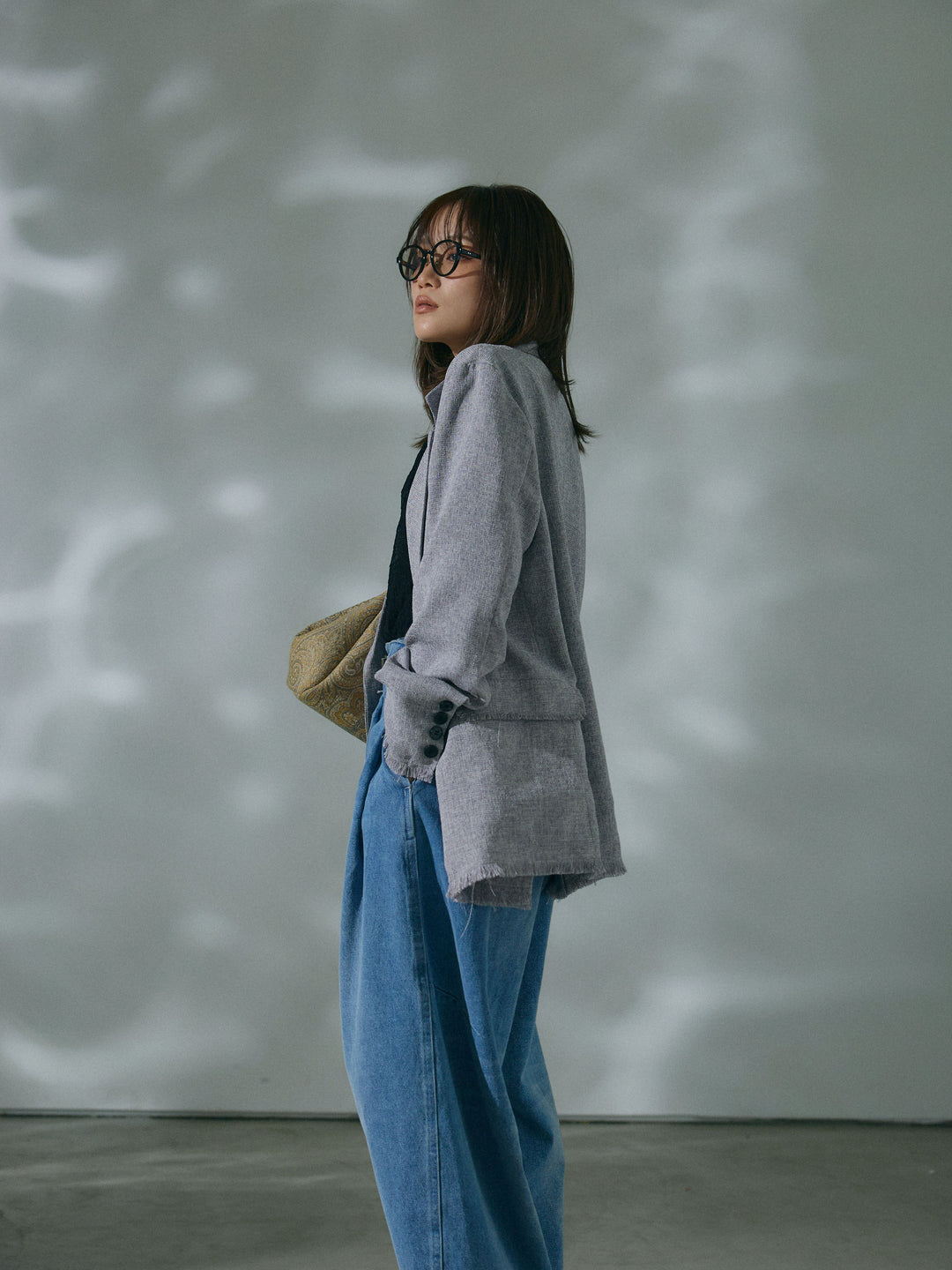 【Allure】[SET]スラブツイードフリンジテーラージャケット+ストレッチレースドレープトップス+ハイウエストベルトループデザインデニムパンツ(3set)