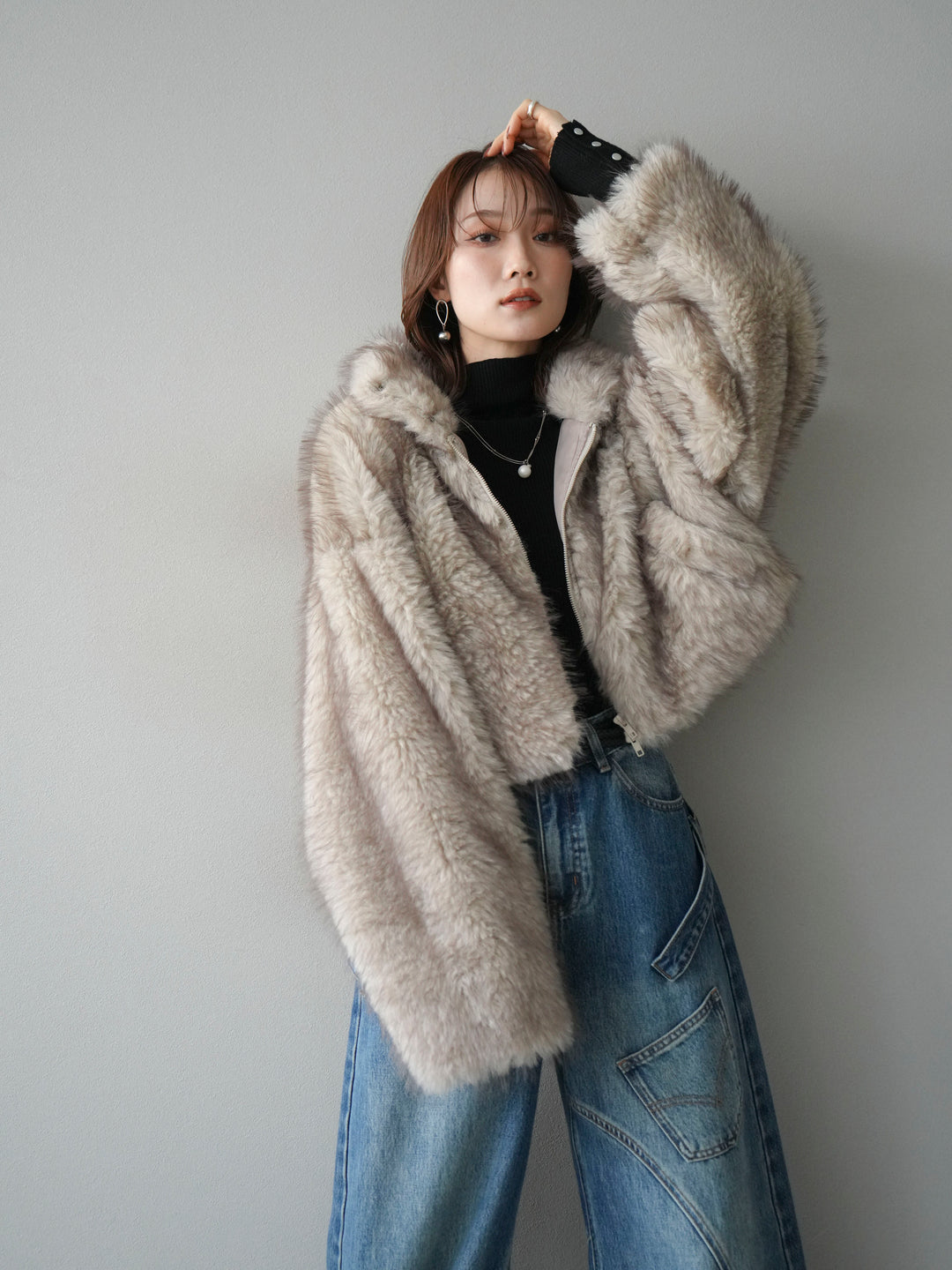 [予約]フェイクファーショートZIPジャケット/beigemix