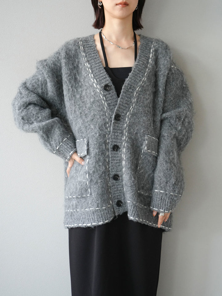 [予約]ステッチVネックニットカーディガン/グレー