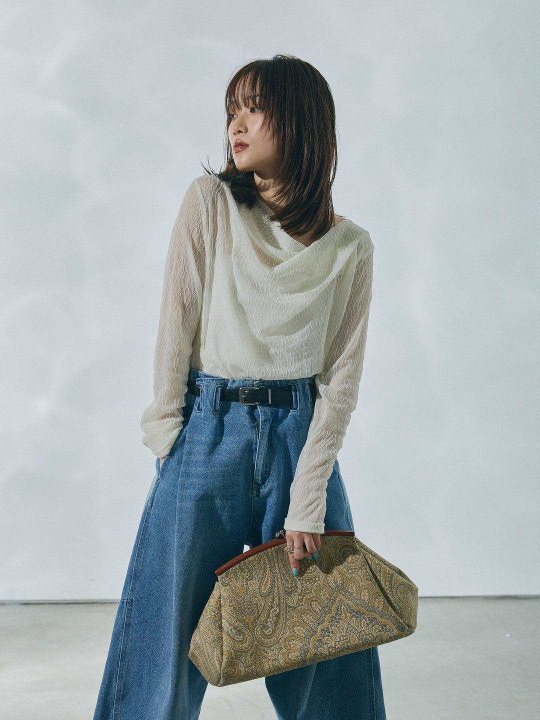 【Allure】[SET]ストレッチレースドレープトップス+ハイウエストベルトループデザインデニムパンツ(2set)