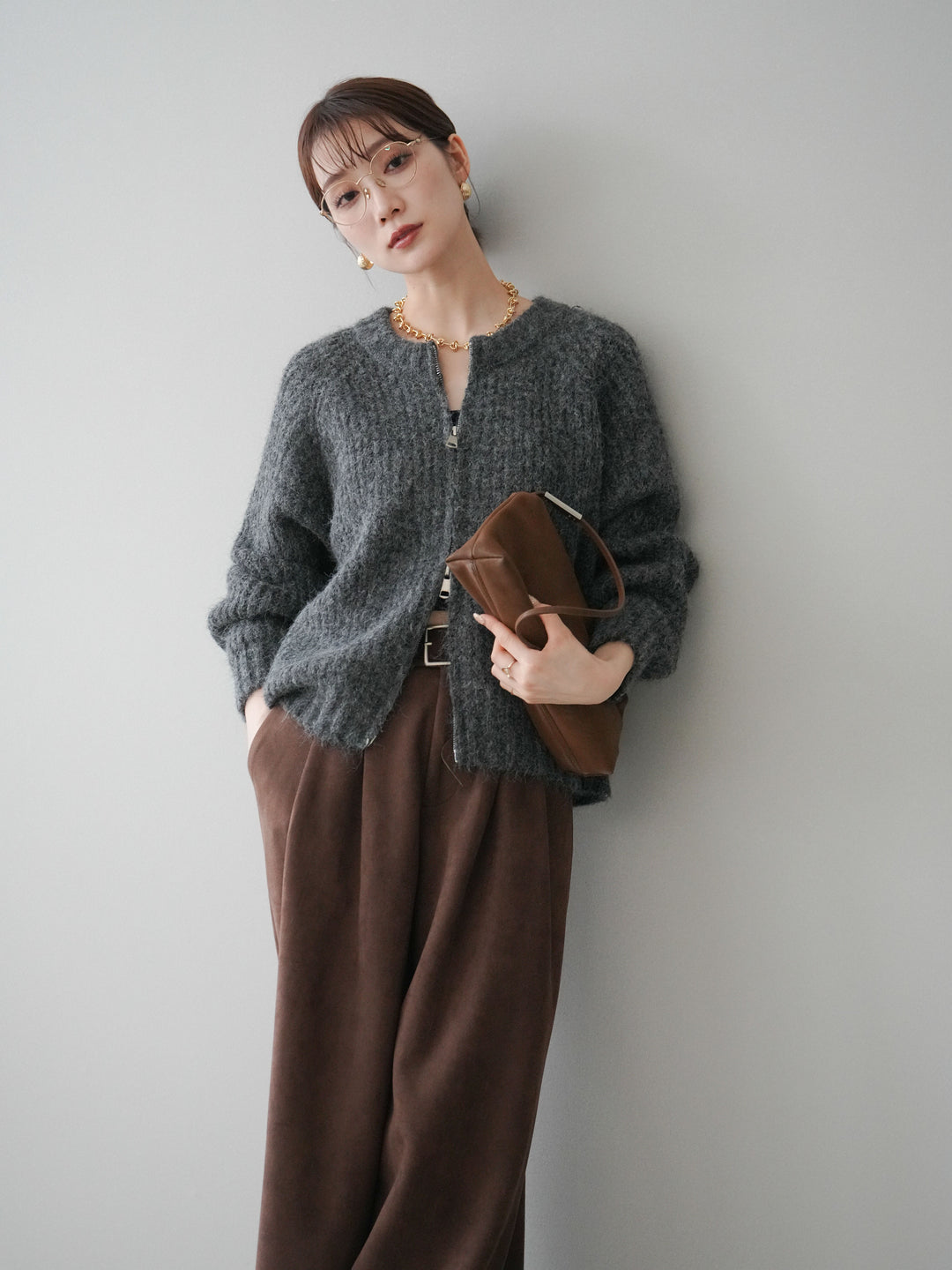 [予約]MIXヤーンモヘアタッチZIPニットカーディガン/gray