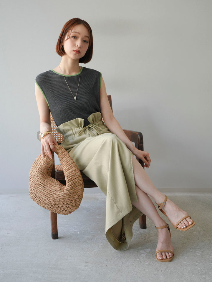 [予約]リネンタッチ配色ニットノースリーブプルオーバー/チャコール