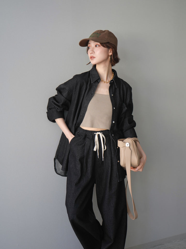 [SET]ポイントレザーオーバーデニムシャツ+ドロストワイドデニムパンツ(2set)