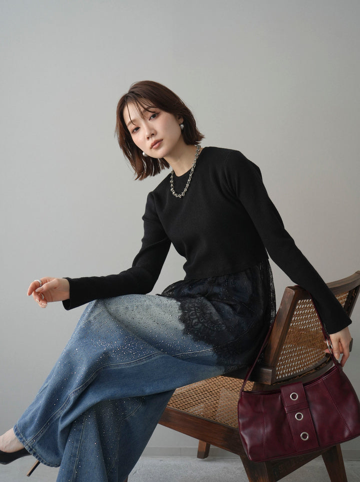 [SET]クルーネックレースドッキングリブニットトップス+フロントビジューカーブデニムパンツ(2set)