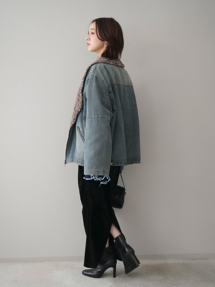 [SET]ミックスボアデニムジャケット+フロントリボン配色メローニットカーディガン+ギャザーベロアスカート(3set)