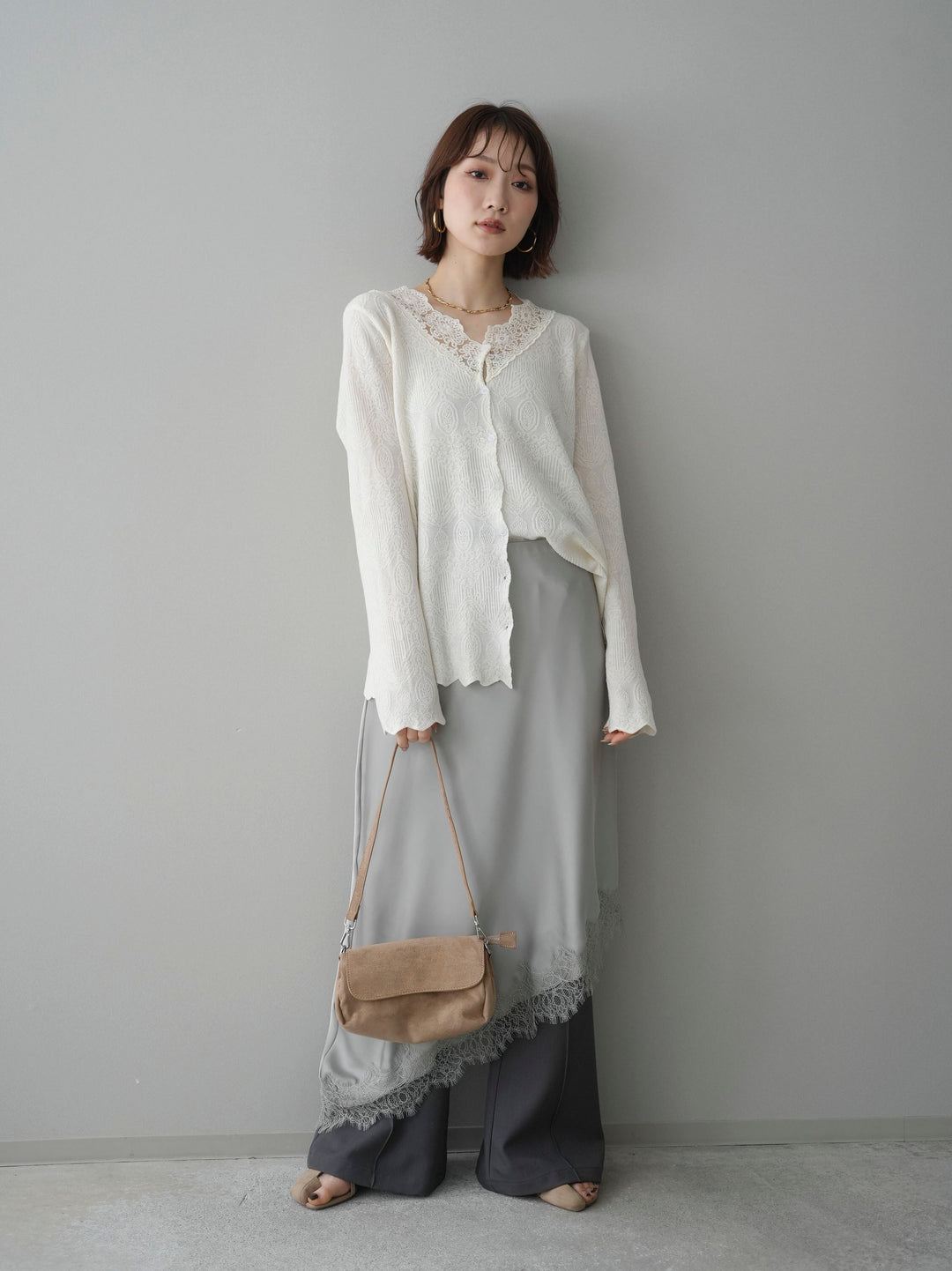 [SET]レースネックジャガードニットカーディガン+センターシームフレアパンツ+サテンライクアシメレーススカート(3set)