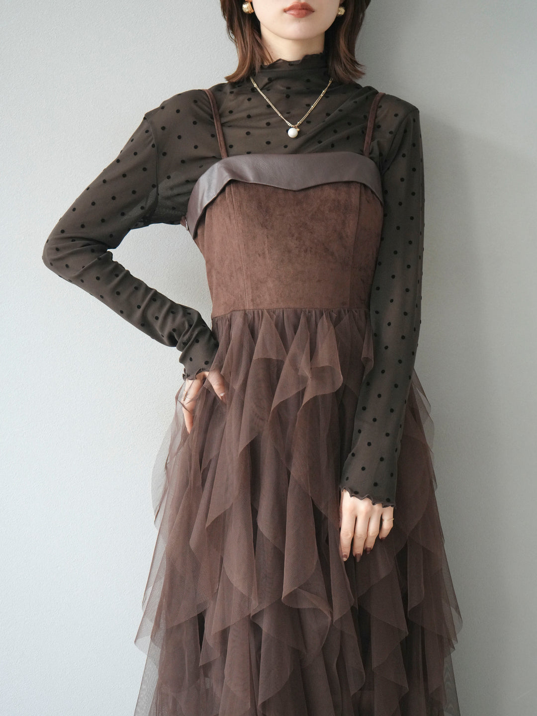 [予約]レザー切替チュールラッフルワンピース/brown