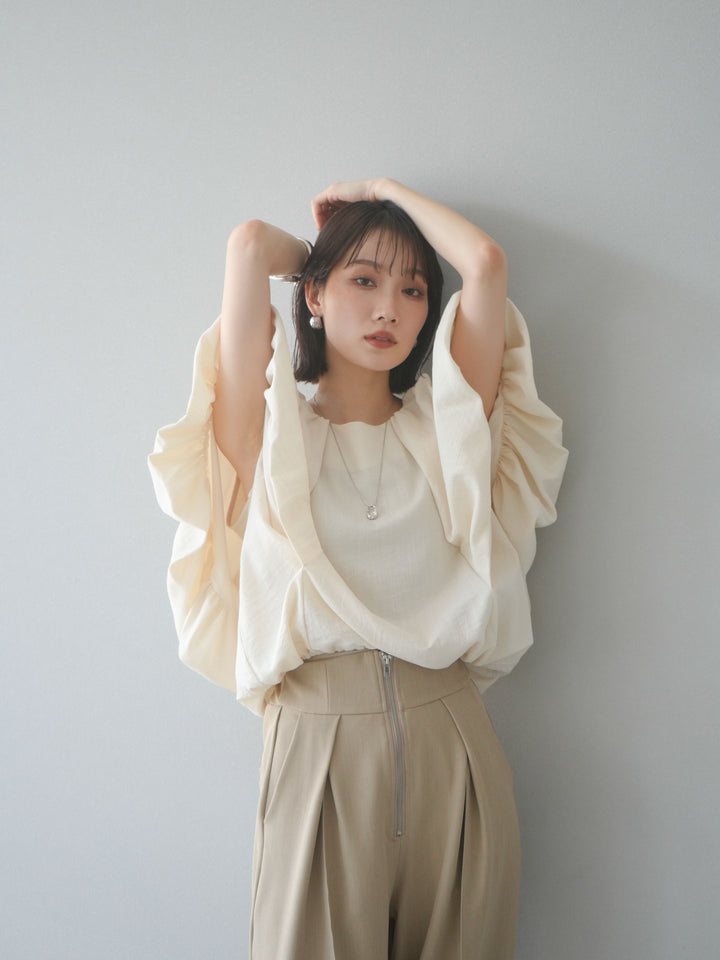 [SET] 燈籠袖褶襉設計上衣 + 拉鍊褶襉寬褲 (2 套)