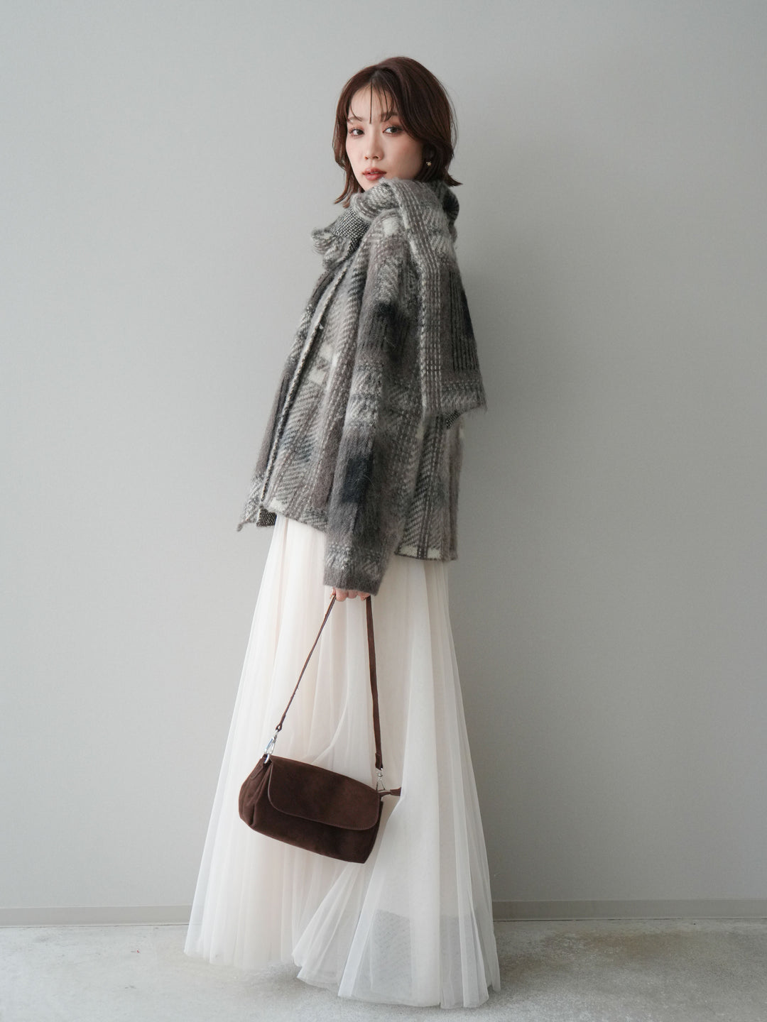 [SET]ストール付シャギーチェックニットプルオーバー+チュールボリュームスカート(2set)