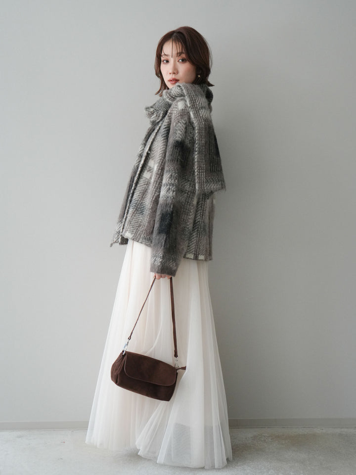 [SET]ストール付シャギーチェックニットプルオーバー+チュールボリュームスカート(2set)