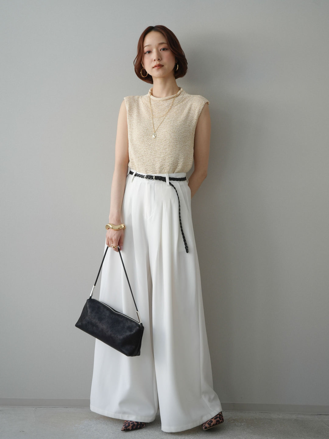 [予約]編み込みベルト付タックワイドパンツ/white