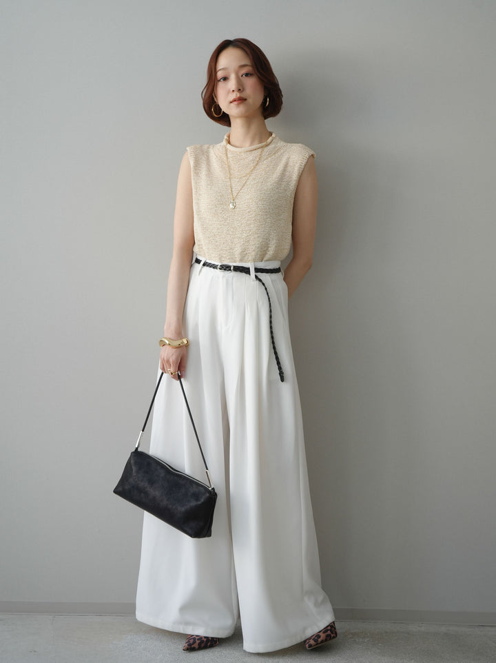 [予約]編み込みベルト付タックワイドパンツ/white