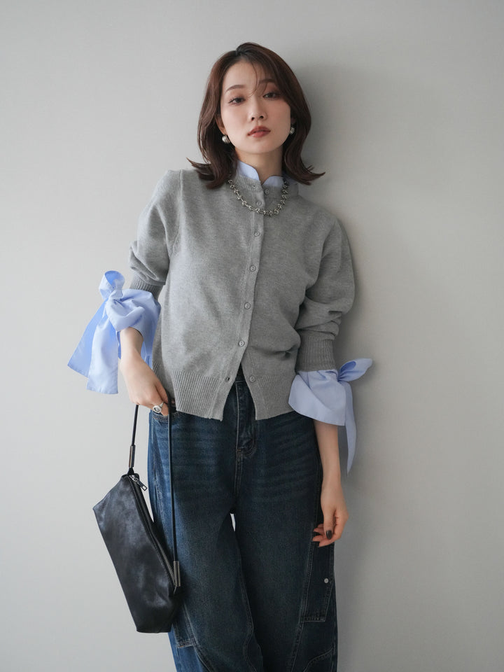 [予約]ウールライクリボンシャツカーディガン/gray