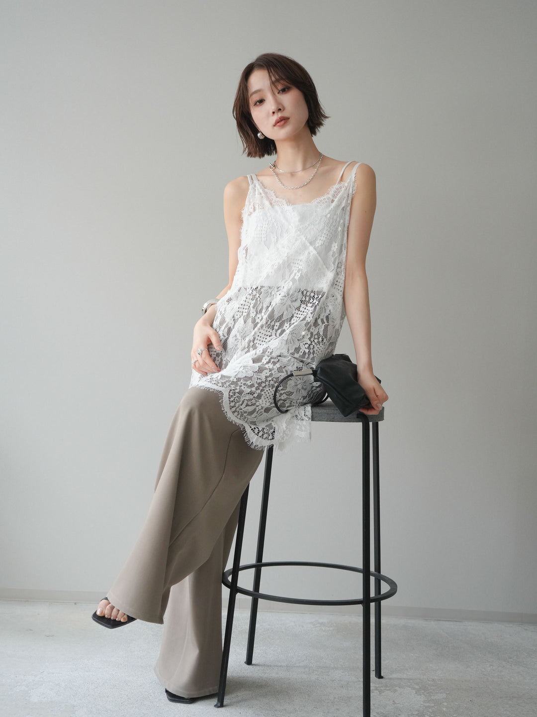 [SET]総レースチュニックキャミソール+ベルト付キーホルダーモチーフワイドパンツ(2set)