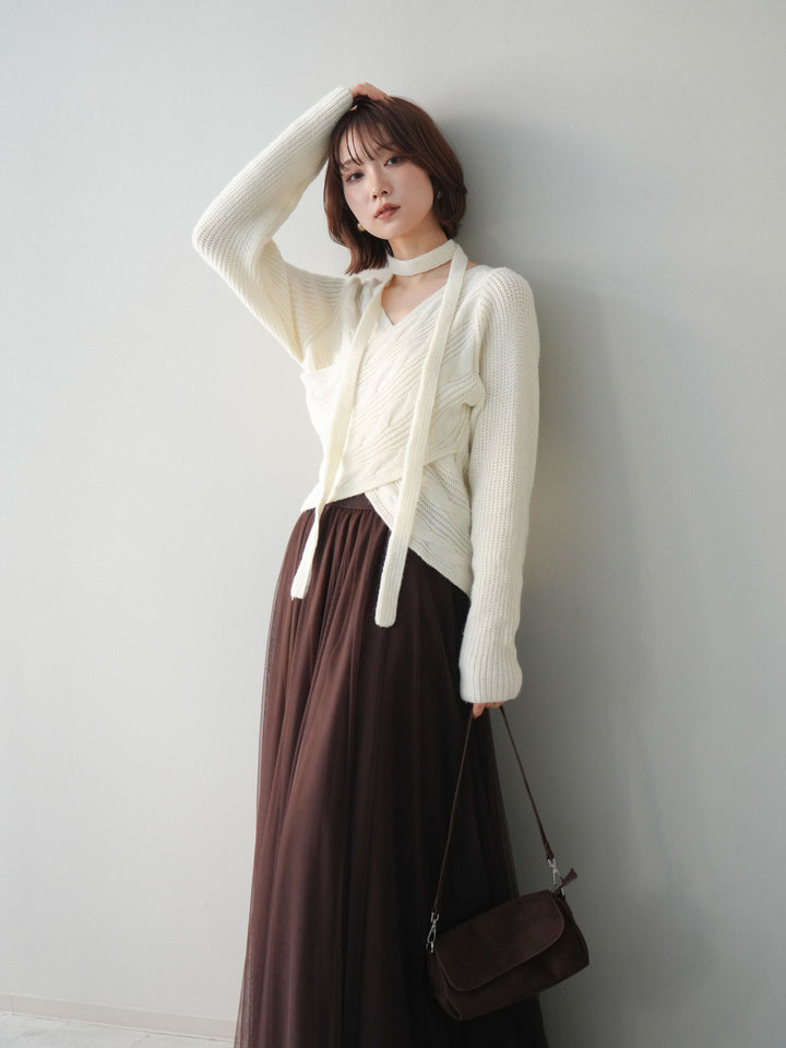 [SET]ケーブル編みクロスニットトップス+チュールボリュームスカート(2set)