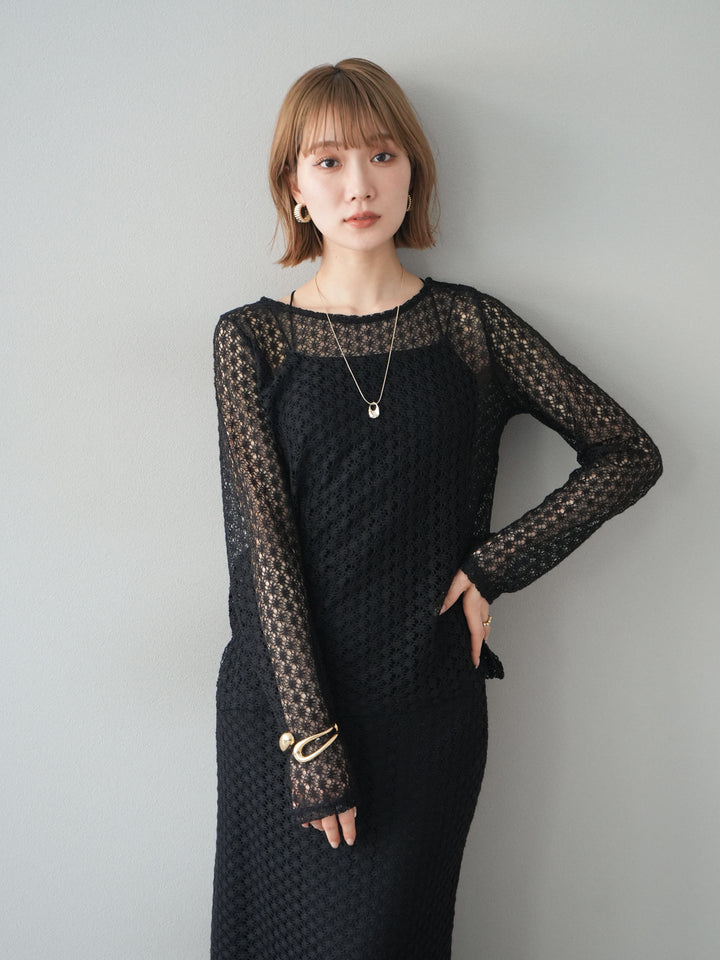 [予約]透かし編みトップス/ブラック